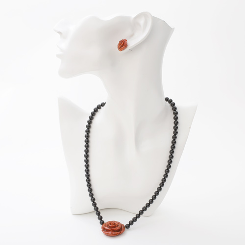 コーラル ネックレス ピアス 薔薇 ローズ 海の宝石 パッションコーラル・バラ彫り 3577-FS20