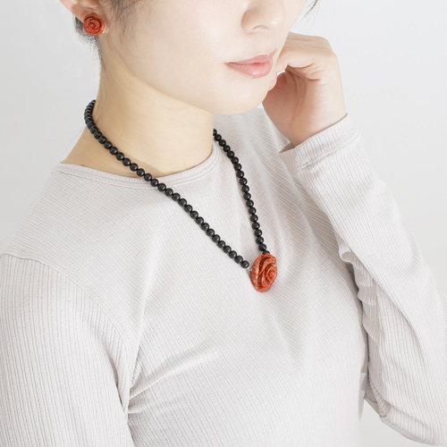 コーラル ネックレス ピアス 薔薇 ローズ 海の宝石 パッションコーラル・バラ彫り 3577-FS20