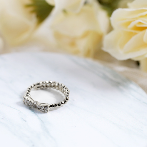 日本製 18金WG リボン フリーサイズ ミラーボール リング ダイヤモンド 合計約0.14カラット 4648-JK21