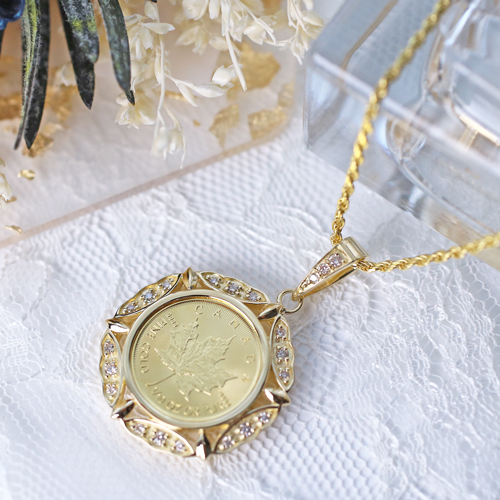 純金 K24 ダイヤモンド 0.2ct メイプルリーフ コイン ペンダント 1/10オンス 4759-HG22