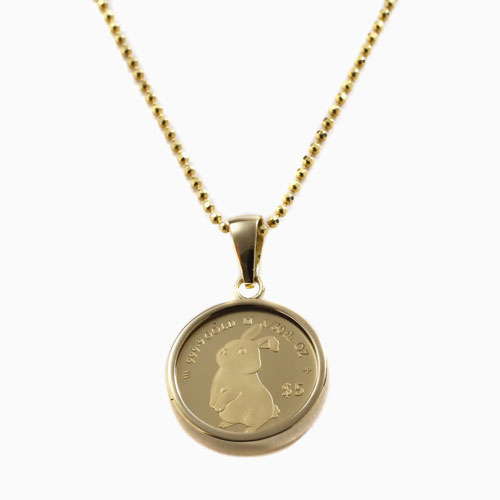 純金 1/30 ラビット＆エリザベス二世 コインペンダント 18金 両面ガラス付　4835-MS23