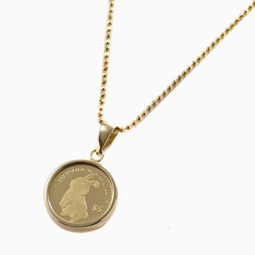 純金 1/30 ラビット＆エリザベス二世 コインペンダント 18金 両面ガラス付　4835-MS23