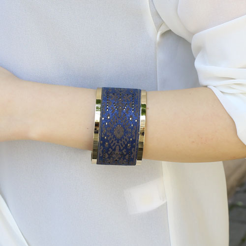 真鍮 レザー バングル ダマスク (ネイビーブルー) イタリア製　5217-BS16