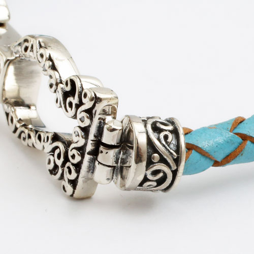 インドネシア製 シルバー925 ブレスレット レザー ブルー アジアンデザイン 5516-SK17