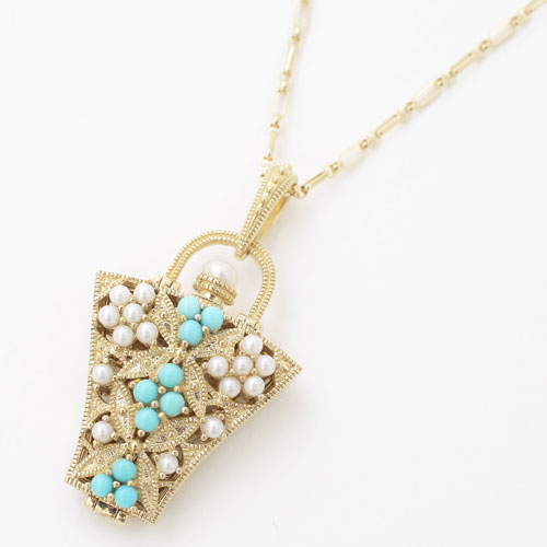 10金 K10YG シードパール ケシ真珠 ロケットペンダント アンティークデザイン トルコ石 ボトル型 5643-MH20