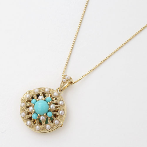 10金 K10YG シードパール ケシ真珠 ロケットペンダント アンティークデザイン トルコ石  5644-MH20