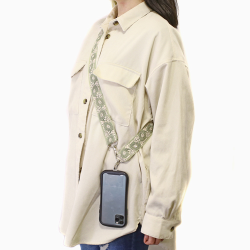 スマホショルダーストラップ インド製リボン ラウンドフラワー グリーン 5712-LL23