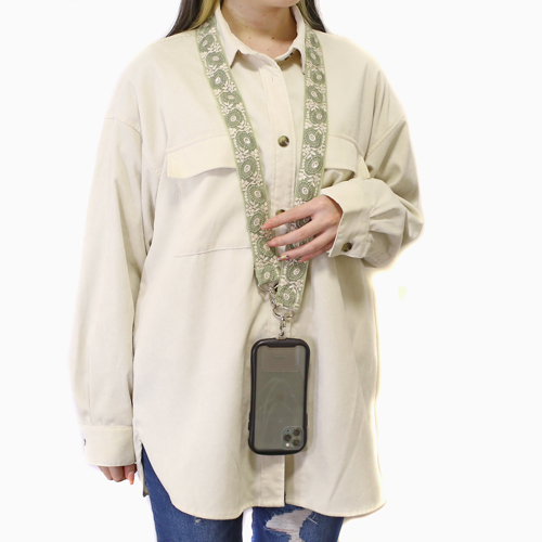 スマホショルダーストラップ インド製リボン ラウンドフラワー グリーン 5712-LL23