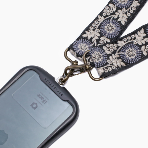 スマホショルダーストラップ インド製リボン ラウンドフラワー ブラック 5713-LL23