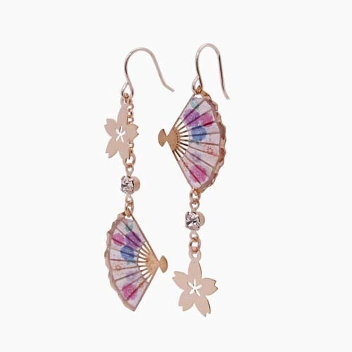 和風ピアス　ロゼ(まー) ⑥ ツイスト　天然石　花魁 ピアス 樹脂ピアス 和風ピアス フック式 扇子 センス 春のうたげ 桜