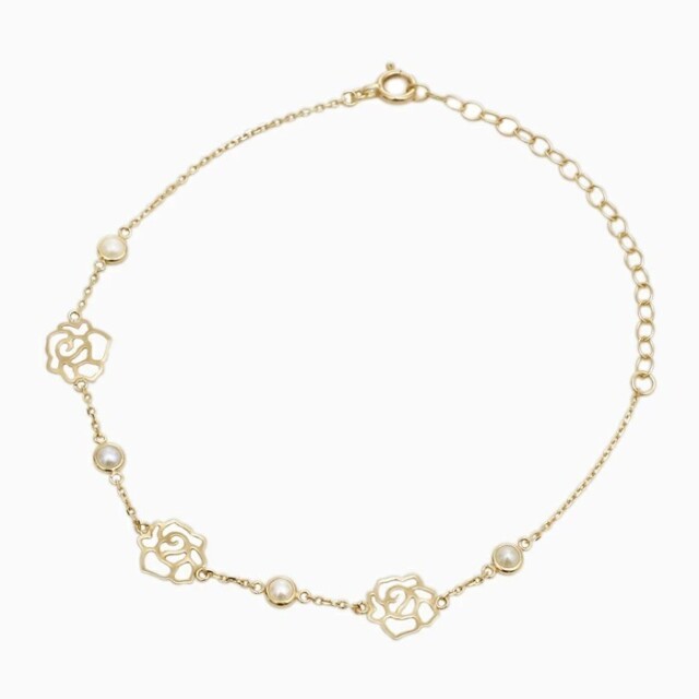 【送料無料】10金/K10/K10YG イエローゴールド ブレスレット レディース 大人アクセサリー バラ 薔薇 ローズ スカシローズ 淡水パール パール 小豆 上品 女性プレゼント 記念日 誕生日 お祝い ギフト 長さ調節可能 アジャスター付き6367-MH25