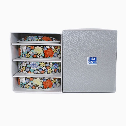 九谷焼 色絵差三段重箱 <北陸伝統工芸> 花詰（黒） 7086-SK22