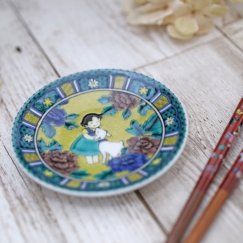 新品　九谷焼　青郊窯　アルプスの少女ハイジ　豆皿　吉田屋風ハイジとユキ 九谷焼 豆皿 吉田屋風ハイジとユキ ハイジ アルプスの少女ハイジ