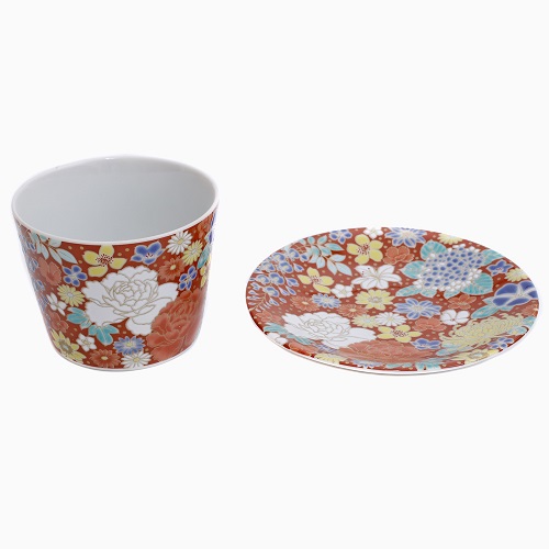 【日本製】九谷焼 北陸伝統工芸 縁起小皿＆カップ セット 花詰 7204-SK24