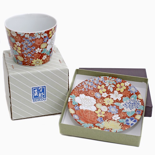【日本製】九谷焼 北陸伝統工芸 縁起小皿＆カップ セット 花詰 7204-SK24