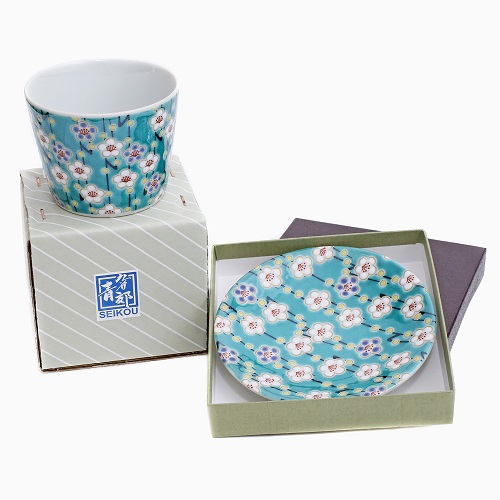 【日本製】九谷焼 北陸伝統工芸 縁起小皿＆カップ セット 梅 7206-SK24