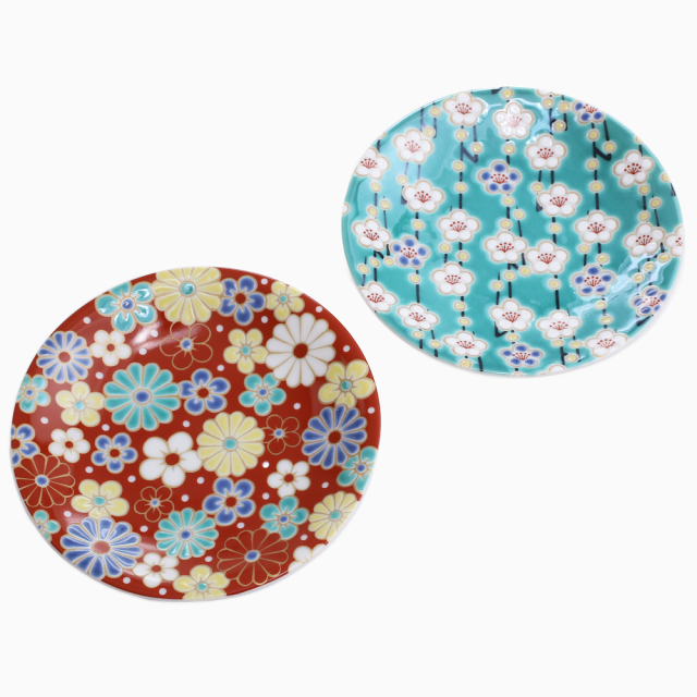 【送料無料】日本製 九谷焼/久谷五彩 磁気/陶器/陶磁器 小皿/皿/お皿 梅菊模様/花詰 和柄 セット売り/2枚セット 可愛い 華やか/鮮やか お洒落/オシャレ お祝い/記念日/誕生日/結婚祝い/開店祝い プレゼント/贈り物/ギフト 食器/和食器 インテリア 7260-SK24
