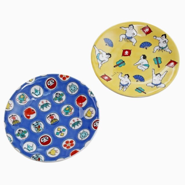 【送料無料】日本製 九谷焼/久谷五彩 磁気/陶器/陶磁器 小皿/皿/お皿 丸紋宝紋 お相撲さん/相撲取り 和柄 セット売り/2枚セット 可愛い 華やか/鮮やか お洒落/オシャレ お祝い/記念日/誕生日/結婚祝い/開店祝い プレゼント/贈り物/ギフト 食器/和食器 インテリア 7266-SK24