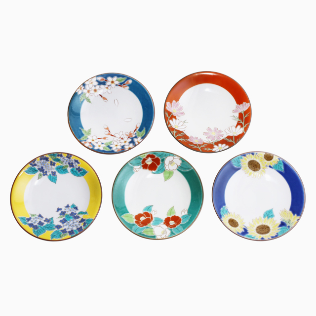 【送料無料】日本製 九谷焼/久谷五彩 磁気/陶器/陶磁器 小皿/皿/お皿 4.6号皿揃 四季の花 セット売り/5点セット 可愛い 華やか/鮮やか お洒落/オシャレ お祝い/記念日/誕生日/結婚祝い/開店祝い プレゼント/贈り物/ギフト 食器/和食器 インテリア 7282-SK24