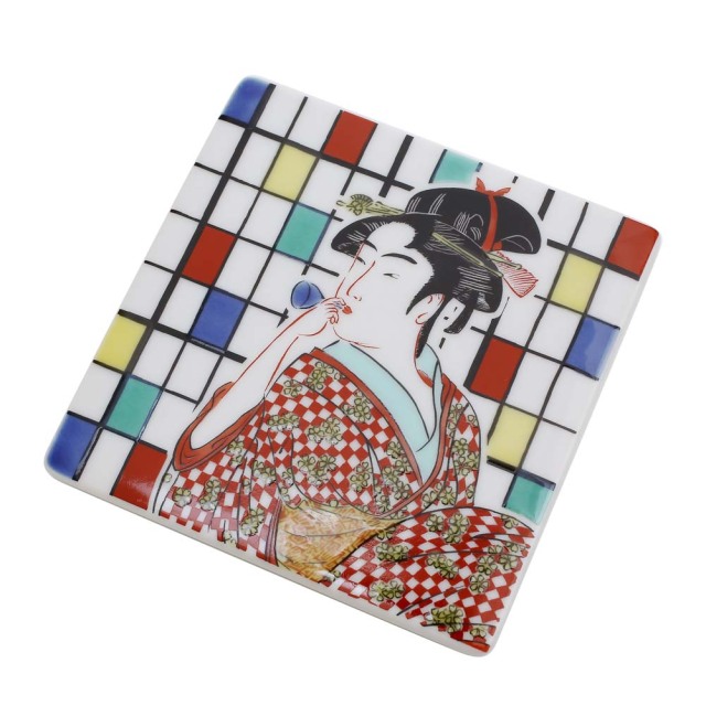 【送料無料】日本製 九谷焼/久谷五彩 磁気/陶器/陶磁器 コースター/プレート/角平皿 縁起物 歌麿/UTAMARO/ウタマロ 華やか/鮮やか お洒落/オシャレ お祝い/記念日/誕生日/結婚祝い/開店祝い プレゼント/贈り物/ギフト 食器/和食器 インテリア 7344-SK25