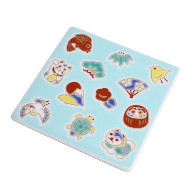 【送料無料】日本製 九谷焼/久谷五彩 磁気/陶器/陶磁器 コースター/プレート/角平皿 縁起物/えんぎもの 華やか/鮮やか お洒落/オシャレ お祝い/記念日/誕生日/結婚祝い/開店祝い プレゼント/贈り物/ギフト 食器/和食器 インテリア 7351-SK25