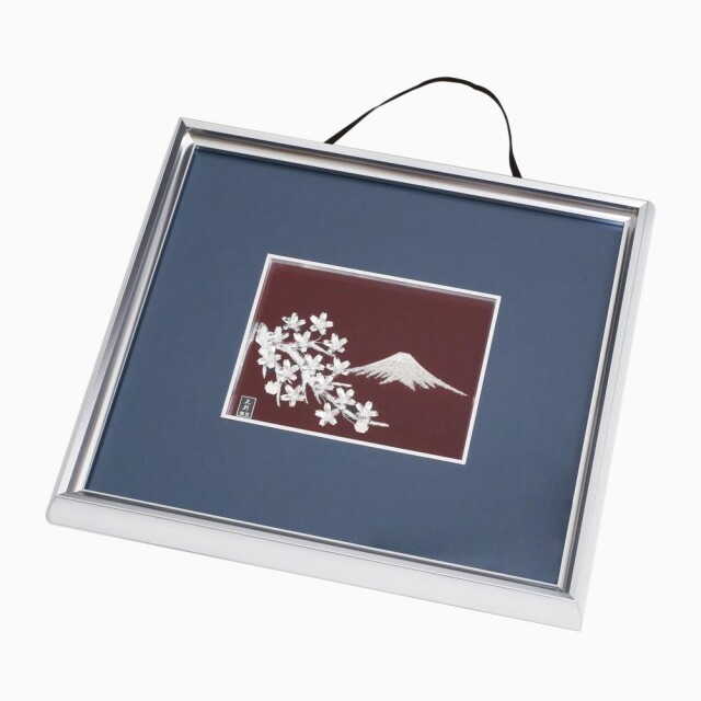 日本製 貴金属画 東京銀器/大淵銀器 銀工芸 銀製/SILVER/シルバー 大淵/大淵光則作 富士桜 アートレリーフ 2号 額縁/フレーム 壁掛け/立てかけ インテリア 7419-OG25