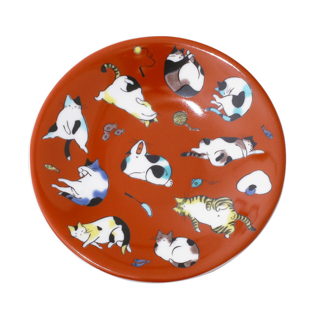 【送料無料】日本製 九谷焼 久谷五彩 陶器 陶磁器 磁気 お皿 皿 小皿 縁起小皿 食器 猫 ねこ ネコ 和食器 12cm  華やか 鮮やか オシャレ お洒落 記念日  7441-SK25