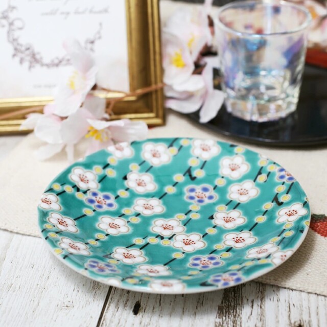 出雲　久村焼き　花柄陶器皿 約25cm 送料無料】日本製 九谷焼 久谷五彩 陶器 陶磁器 磁気 お皿 皿 小皿