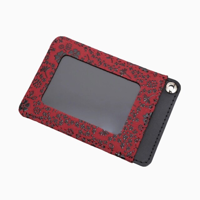 日本製 印伝/INDENYA/印傳屋 定期入れ/パスケース/カードケース/ICカード/クレジットカード 赤/レッド 黒/ブラック 花柄 コンパクト お札も収納可能 鹿革/漆 7467-IY25