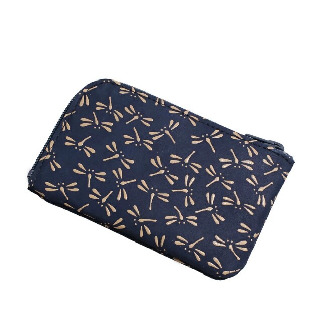 日本製 印伝/INDENYA/印傳屋 小銭入れ/コインケース/財布 小物入れ マルチポーチ 蜻蛉 トンボ ネイビー コンパクト お札も収納可能 鹿革/漆 L字ファスナー式 プレゼント 7504-IY25