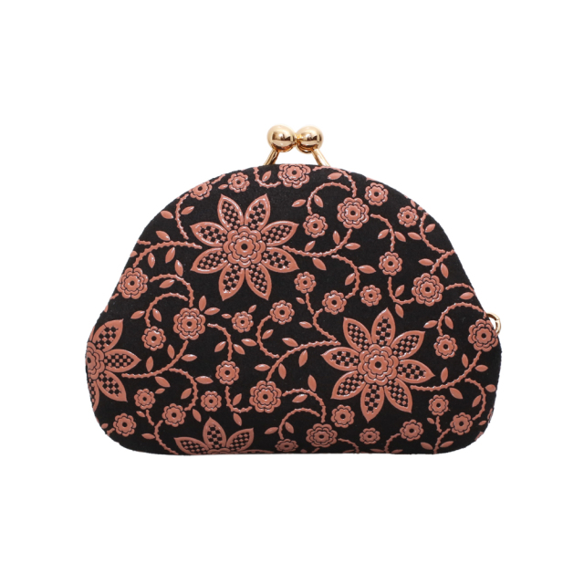 日本製 印伝/INDENYA/印傳屋 小銭入れ/コインケース/財布 がま口 クレマチス サーモンピンク コンパクト 鹿革/漆 プレゼント7509-IY25