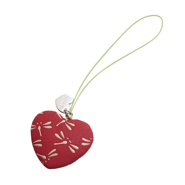 クリックポスト便発送 日本製 印伝/INDENYA/印傳屋 ストラップ/キーホルダー/チャームストラップ ハート型/赤 トンボ 蜻蛉 可愛い/オシャレ 鹿革/漆 プレゼント7517-IY25