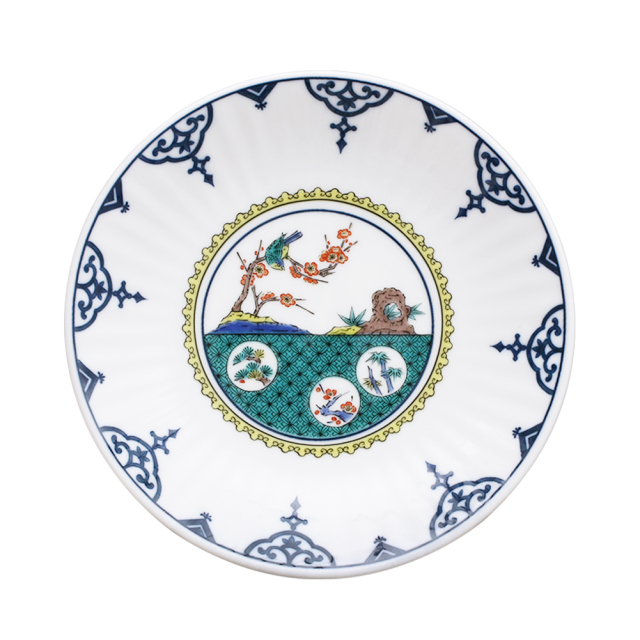 【送料無料】日本製 九谷焼/九谷五彩/磁気/陶器/陶磁器 皿/お皿 5号 染付間取古九谷風 花鳥図 青風窯/青郊窯 華やか/鮮やか お洒落  7527-SK25