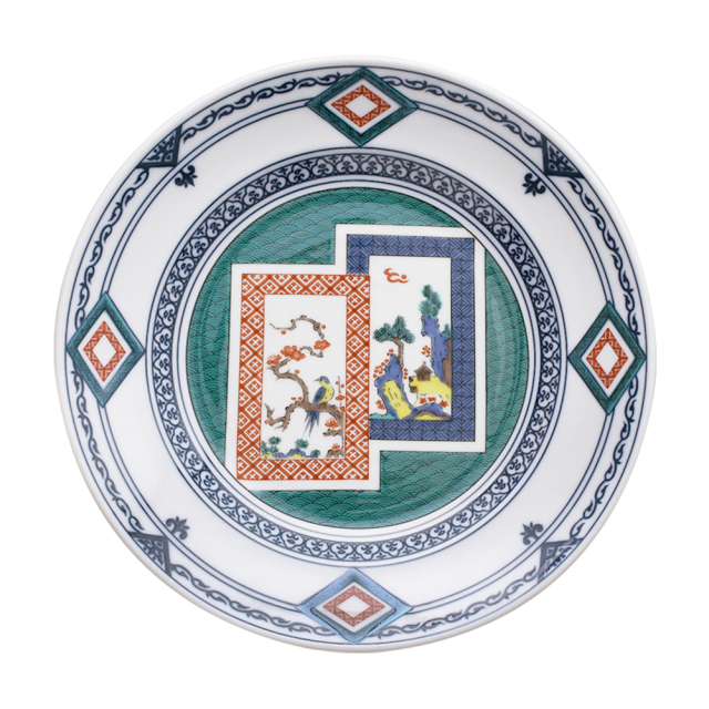 【送料無料】日本製 九谷焼/九谷五彩/磁気/陶器/陶磁器 皿/大皿 8号 染付間取古九谷風 花鳥図 青風窯/青郊窯 華やか/鮮やか お洒落  7529-SK25