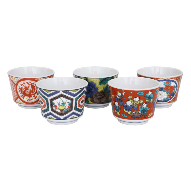 【送料無料】日本製 九谷焼/九谷五彩 磁気/陶器/陶磁器 組盃/酒器/おちょこ 器セット/5点セット 時代画風 7611-SK26