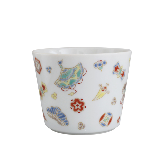 日本製 九谷焼/九谷五彩 磁気/陶器/陶磁器 縁起物/縁起カップ/フリーカップ/スープカップ 宝尽くし 華やか/鮮やか  7627-SK26