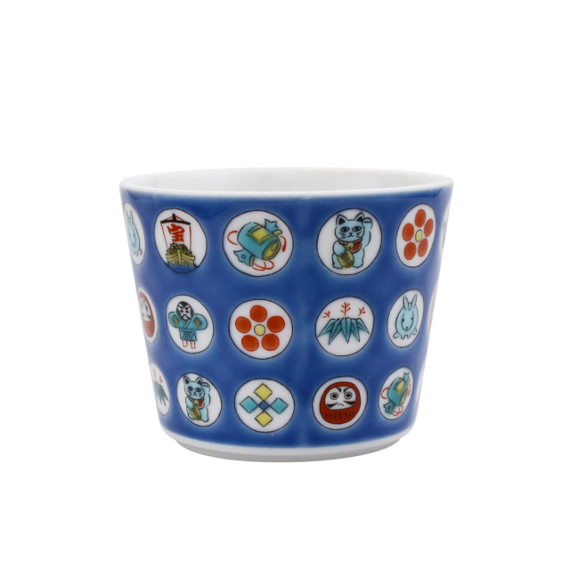 日本製 九谷焼/九谷五彩 磁気/陶器/陶磁器 縁起物/縁起カップ/フリーカップ/スープカップ 丸紋宝紋 華やか/鮮やか  7628-SK26