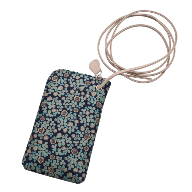 日本製 印伝/INDENYA/印傳屋 スマホポシェット/ポシェット/ポーチ 斜め掛け 牛革/革ひも カード入れ コンパクト 白詰草/シロツメクサ/クローバー プレゼント 7643-IY26