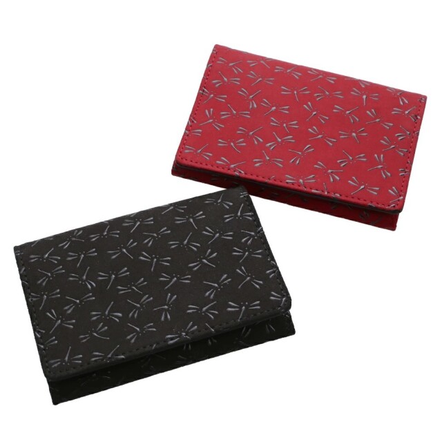 日本製 印伝/INDENYA/印傳屋 名刺入れ/名刺ケース/カード入れ/カードケース/マルチケース 黒/ブラック 赤/レッド 和柄 蜻蛉/トンボ 薄型 軽量7645-IY26