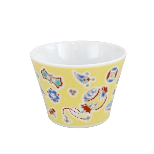 日本製 九谷焼/九谷五彩 磁気/陶器/陶磁器 縁起物/縁起カップ/フリーカップ/スープカップ 黄交趾 華やか/鮮やか  7654-SK26