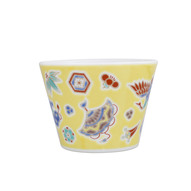 日本製 九谷焼/九谷五彩 磁気/陶器/陶磁器 縁起物/縁起カップ/フリーカップ/スープカップ 黄交趾 華やか/鮮やか  7654-SK26
