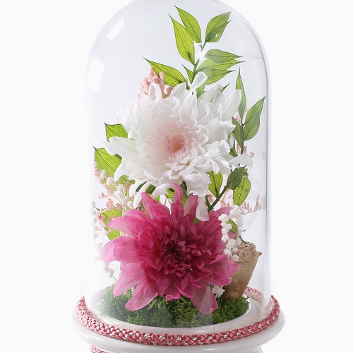 枯れない花 プリザーブド・フラワー お供え ガラスドーム 桐箱入り 仏花　緑台 7779-LL21