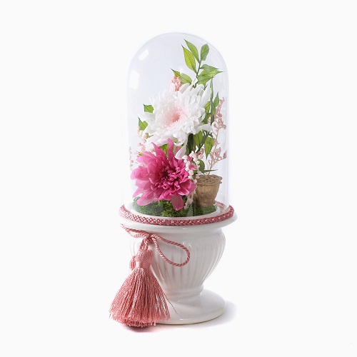 枯れない花 プリザーブド・フラワー お供え ガラスドーム 桐箱入り 仏花　緑台 7779-LL21