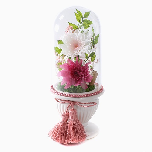 枯れない花 プリザーブド・フラワー お供え ガラスドーム 桐箱入り 仏花　緑台 7779-LL21