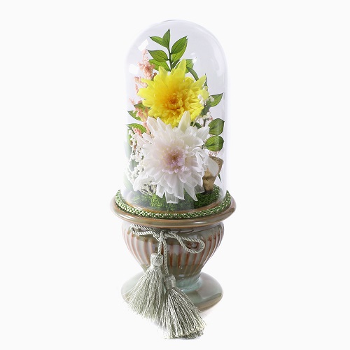 枯れない花 プリザーブド・フラワー お供え ガラスドーム 桐箱入り 仏花　緑台 7780-LL21