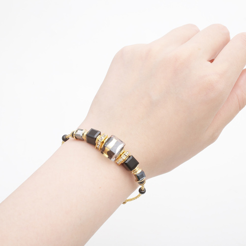 イタリア製　ベネチアンガラス ブレスレット　山吹色　ブラック　ダッディ・ネロ　純金箔入り 7935-IN19