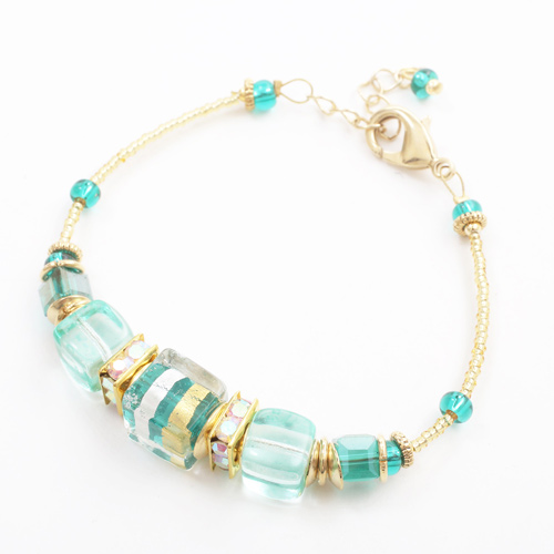 イタリア製　ベネチアンガラス ブレスレット　山吹色　ライトグリーン　ダッディ・ベルテ　純金箔入り　7936-IN19