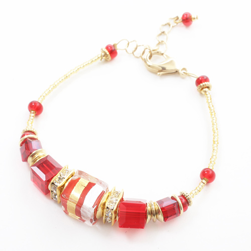 イタリア製　ベネチアンガラス ブレスレット　山吹色　ルビーレッド　ダッディ・ロッソ　純金箔入り 7938-IN19