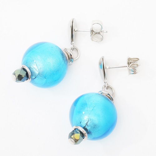 イタリア製 INES design ベネチアンガラス ピアス ブルー ガラスボール 7952-IN19