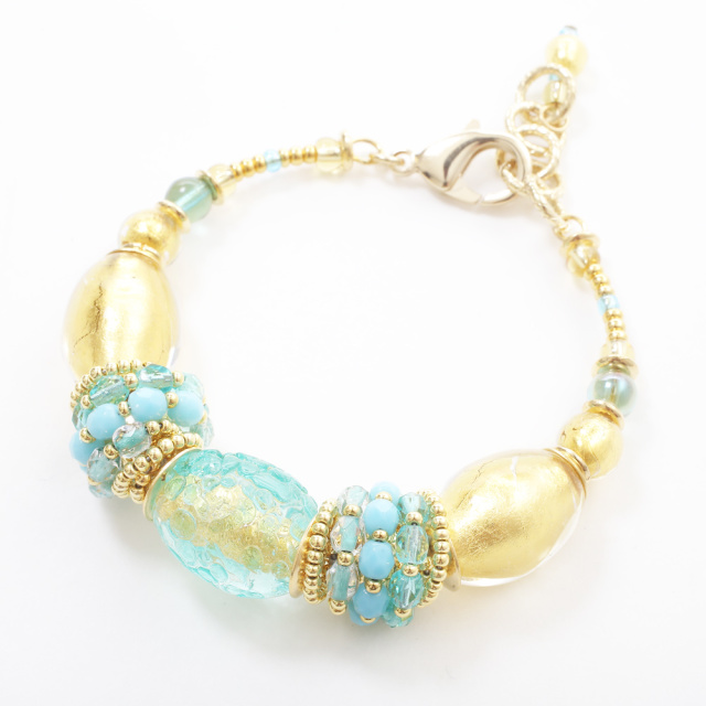 イタリア製　ベネチアンガラス ブレスレット　山吹色　ブルーグリーン　アンティコ・ロザ　純金箔入り　7981-IN19
